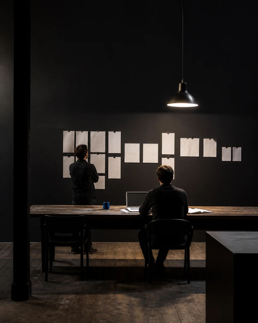 Two collaborators working late in a quiet studio.